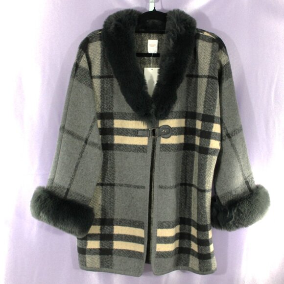Northern Angel Jackets & Blazers - Northern Angel Faux Fur Plaid Coat Gray Black Wrap Jacket NWT